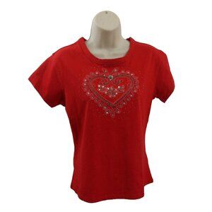 Esprit Womens T-Shirt Sz XL Red Short Cap Sleeves 100% Cotton Embellished Heart